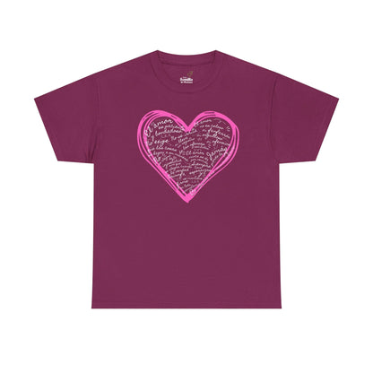 Purple Christian t-shirt with pink heart and Spanish faith-inspired text on front