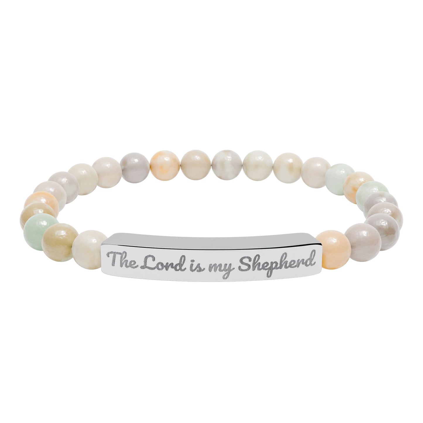 Christian beaded bracelet with 'The Lord is my Shepherd' engraved on silver bar