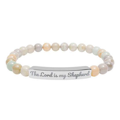 Christian beaded bracelet with 'The Lord is my Shepherd' engraved on silver bar