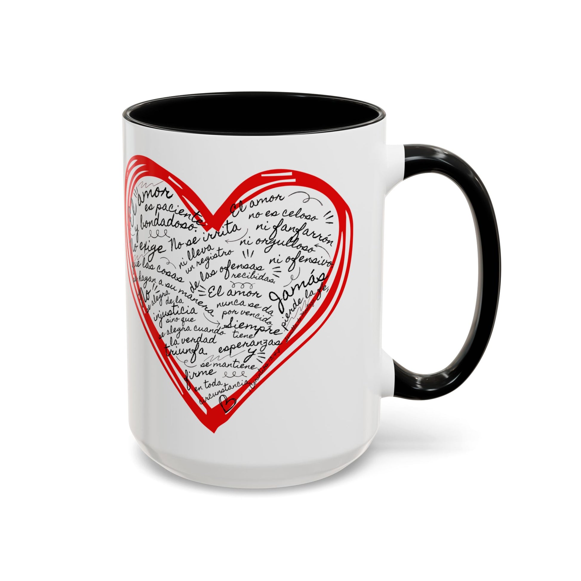 White ceramic mug with black handle, red heart outline, and handwritten Spanish inspirational text