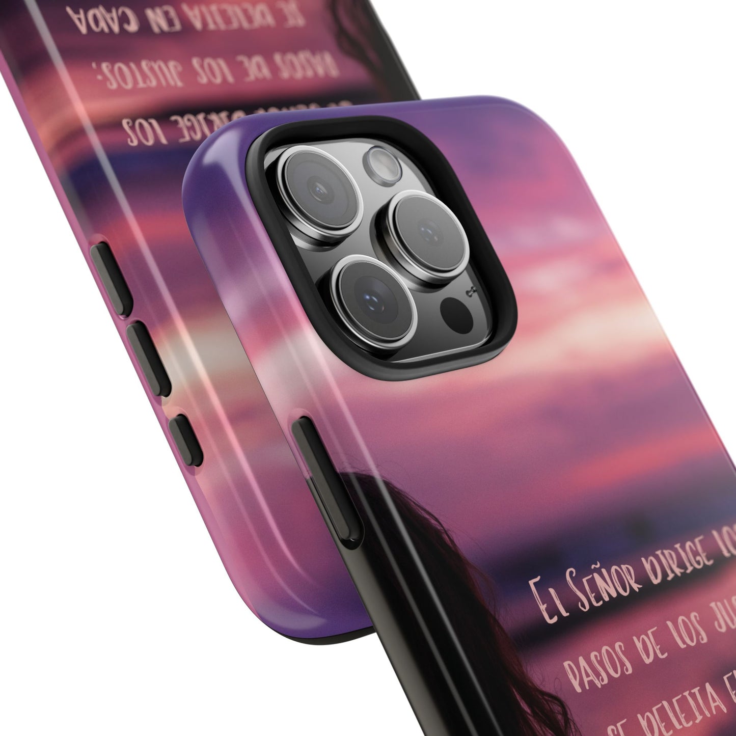 Christian phone case with Spanish scripture and purple sunset design