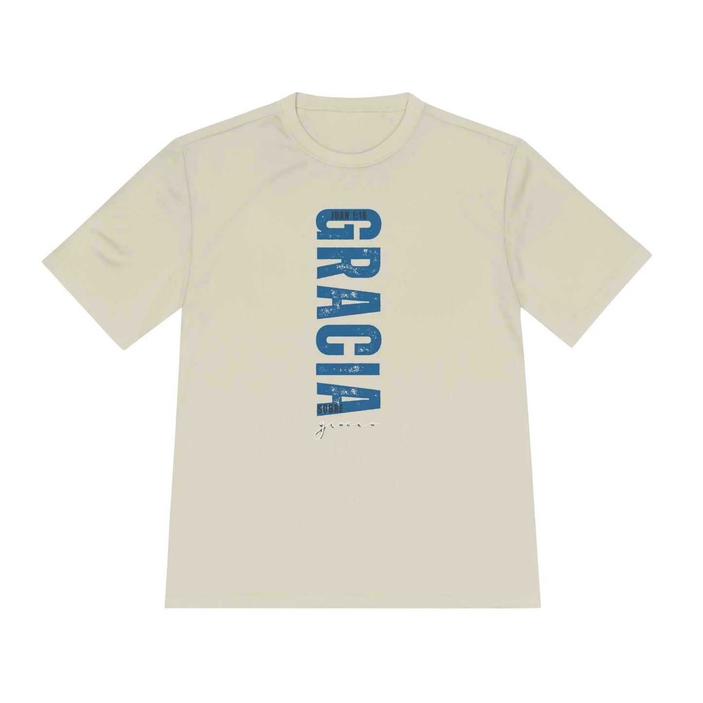 Beige Christian t-shirt with blue 'GRACIA' vertical text and John 1:16 scripture