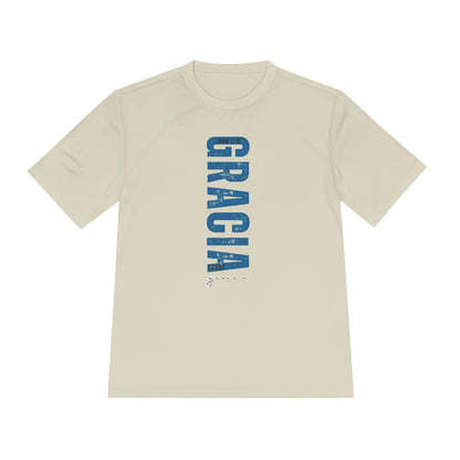 Beige Christian t-shirt with blue 'GRACIA' vertical text and John 1:16 scripture