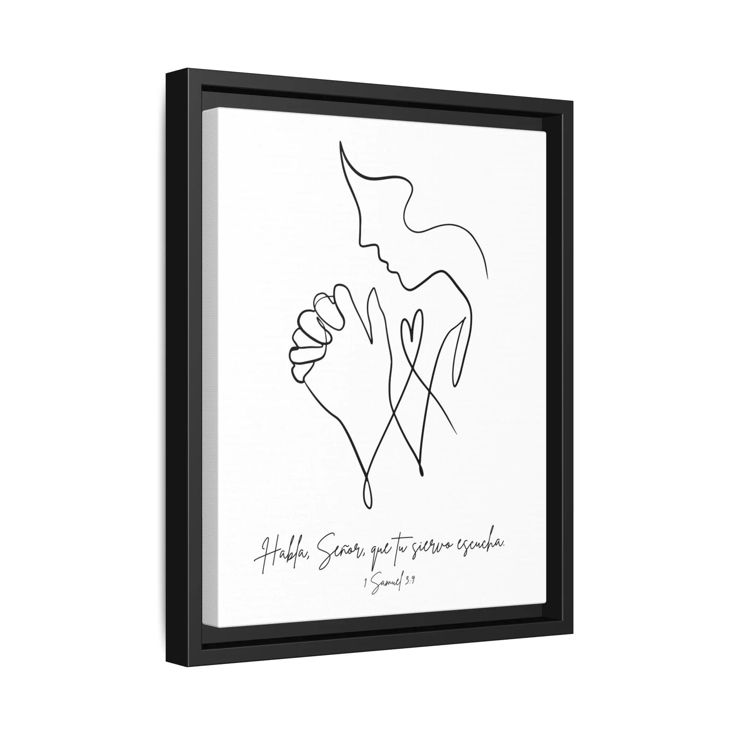 Framed Christian wall art with minimalist line drawing of praying figure and Spanish Bible verse.