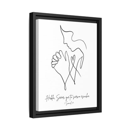 Framed Christian wall art with minimalist line drawing of praying figure and Spanish Bible verse.