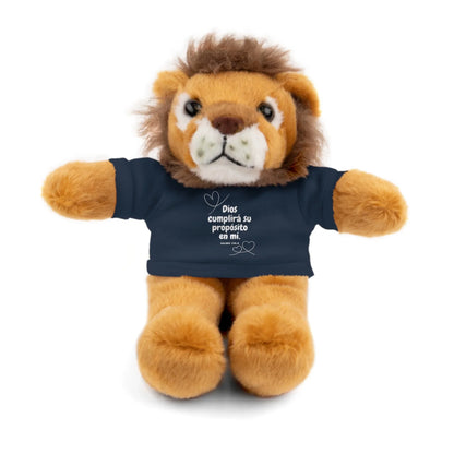 Plush lion toy wearing navy shirt with Spanish Christian message and heart design