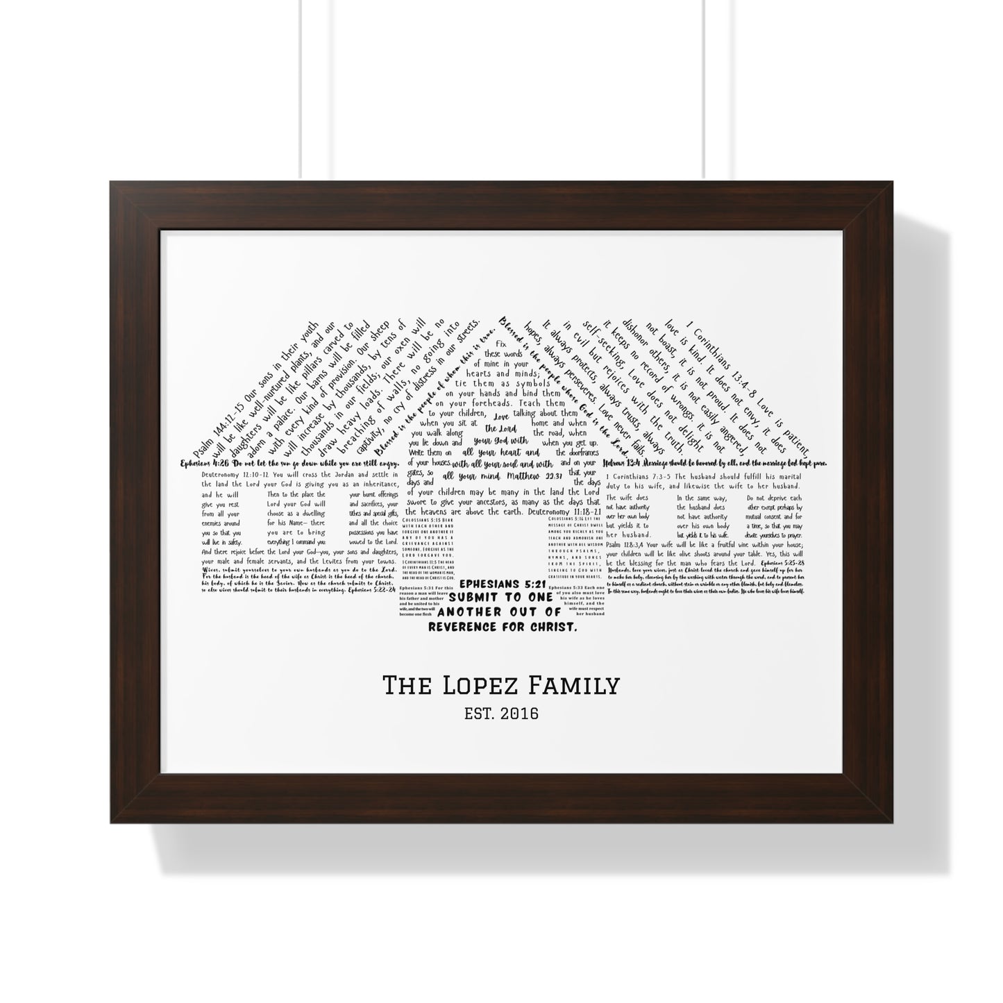 Personalized Christian wall art with Bible verses in house shape, family name, and Ephesians 5:21