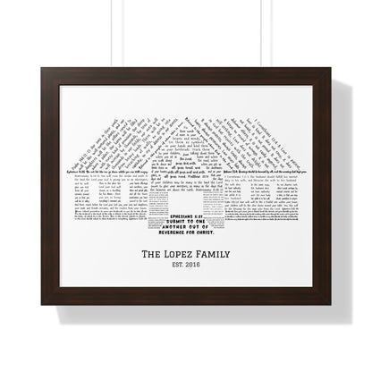 Personalized Christian wall art with Bible verses in house shape, family name, and Ephesians 5:21