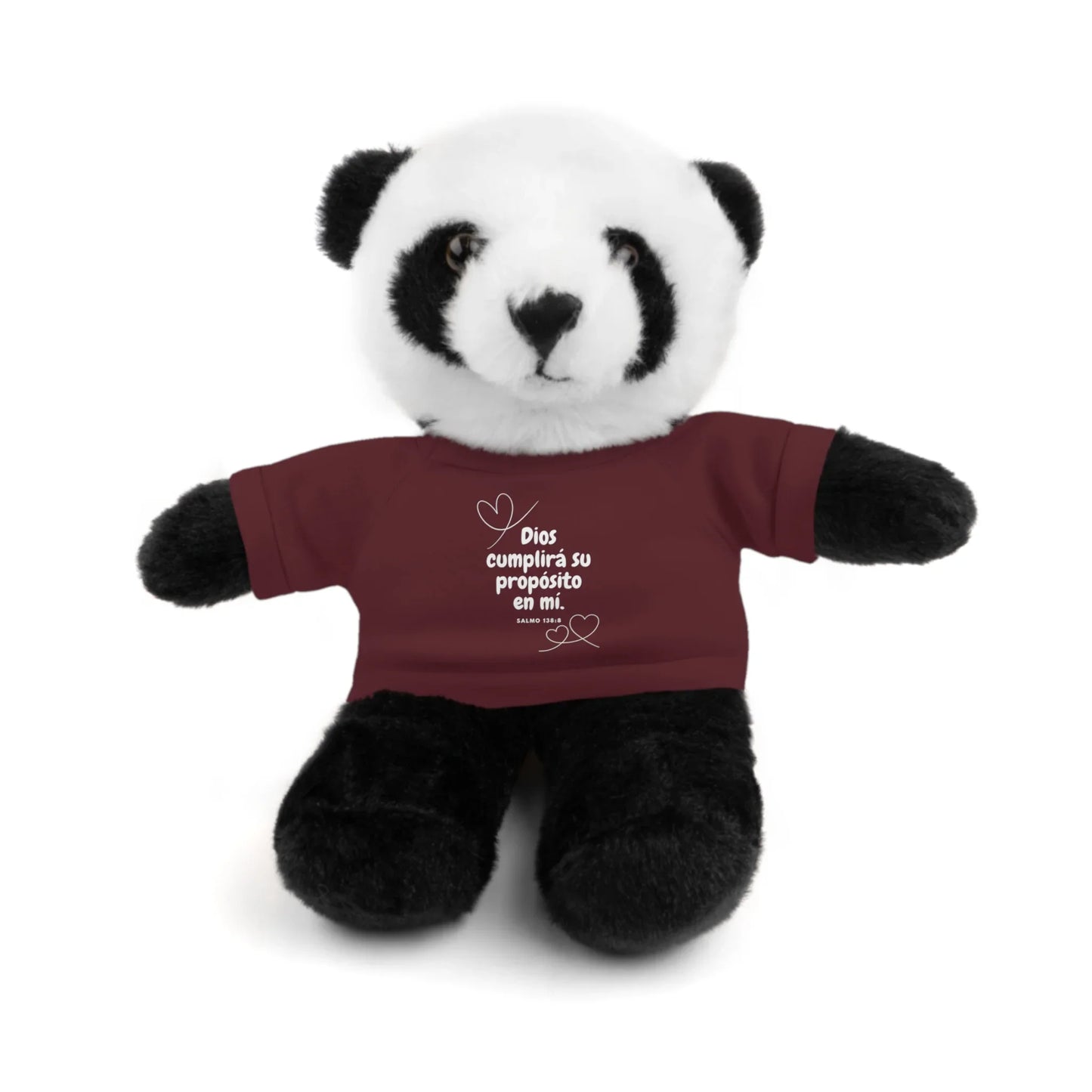 Plush panda bear wearing a maroon Christian t-shirt with Spanish inspirational message