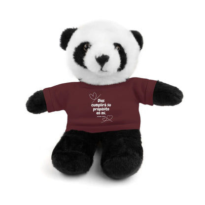 Plush panda bear wearing a maroon Christian t-shirt with Spanish inspirational message