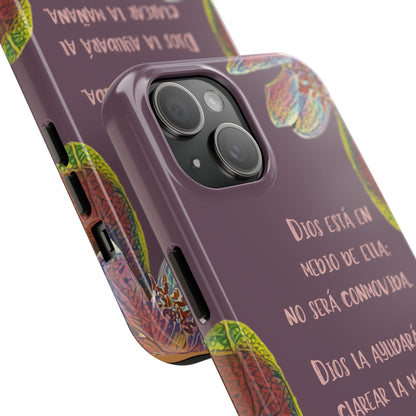 Purple Christian phone case with Spanish Bible verse and colorful floral accents