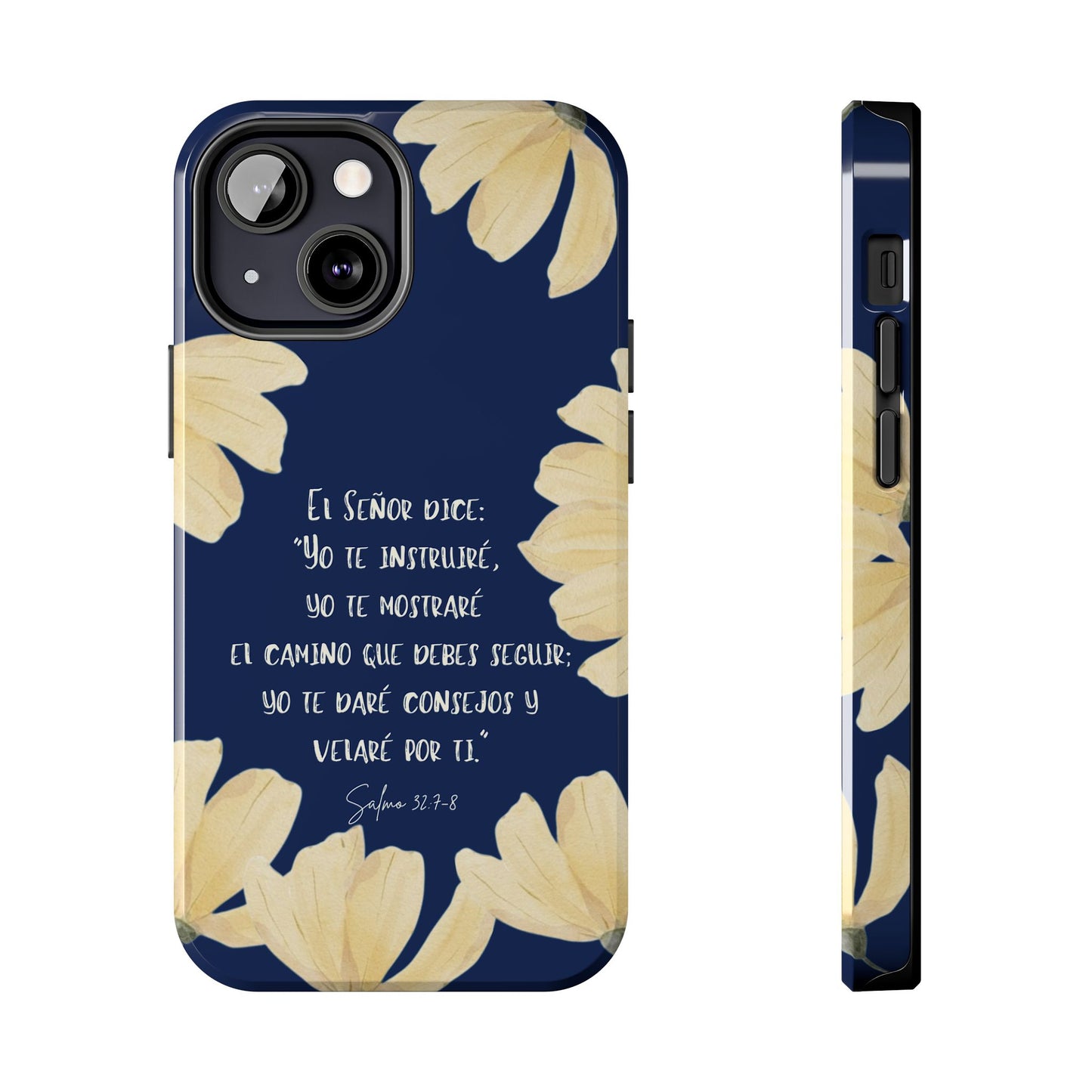 Christian phone case with Spanish Bible verse, yellow flowers on navy background, Psalm 32:7-8