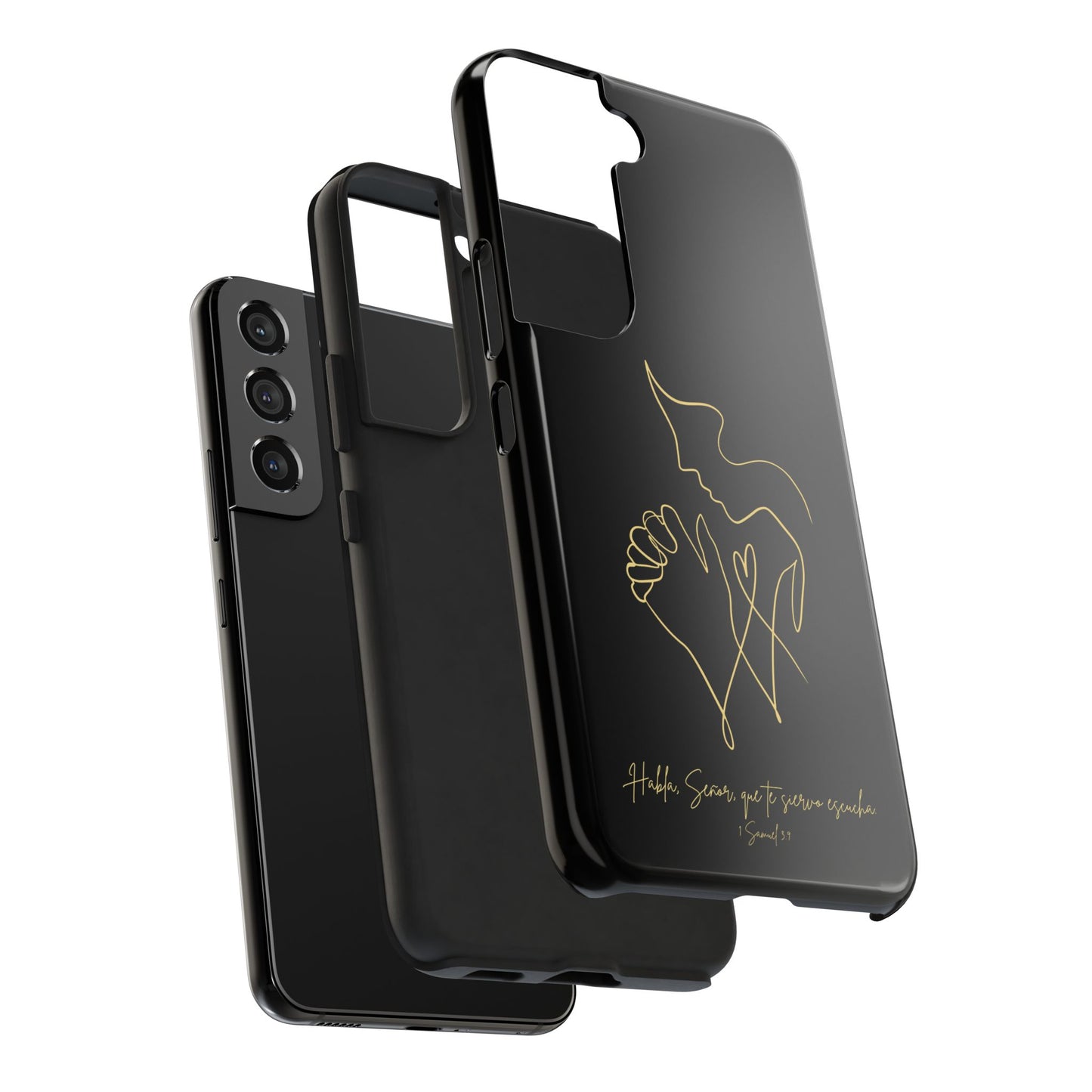 Modern black phone case with gold minimalist prayer hands and dove, Christian Bible verse design