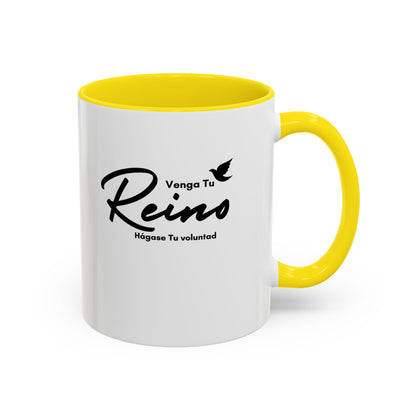 White ceramic mug with yellow handle and interior, Spanish Christian text and dove graphic.