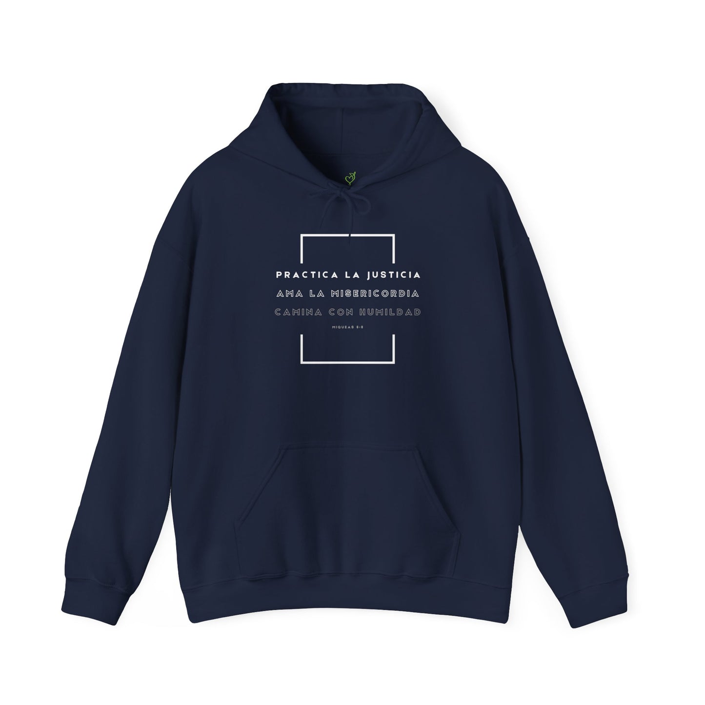 Navy blue Christian hoodie with Spanish Micah 6:8 Scripture text, minimal white design.