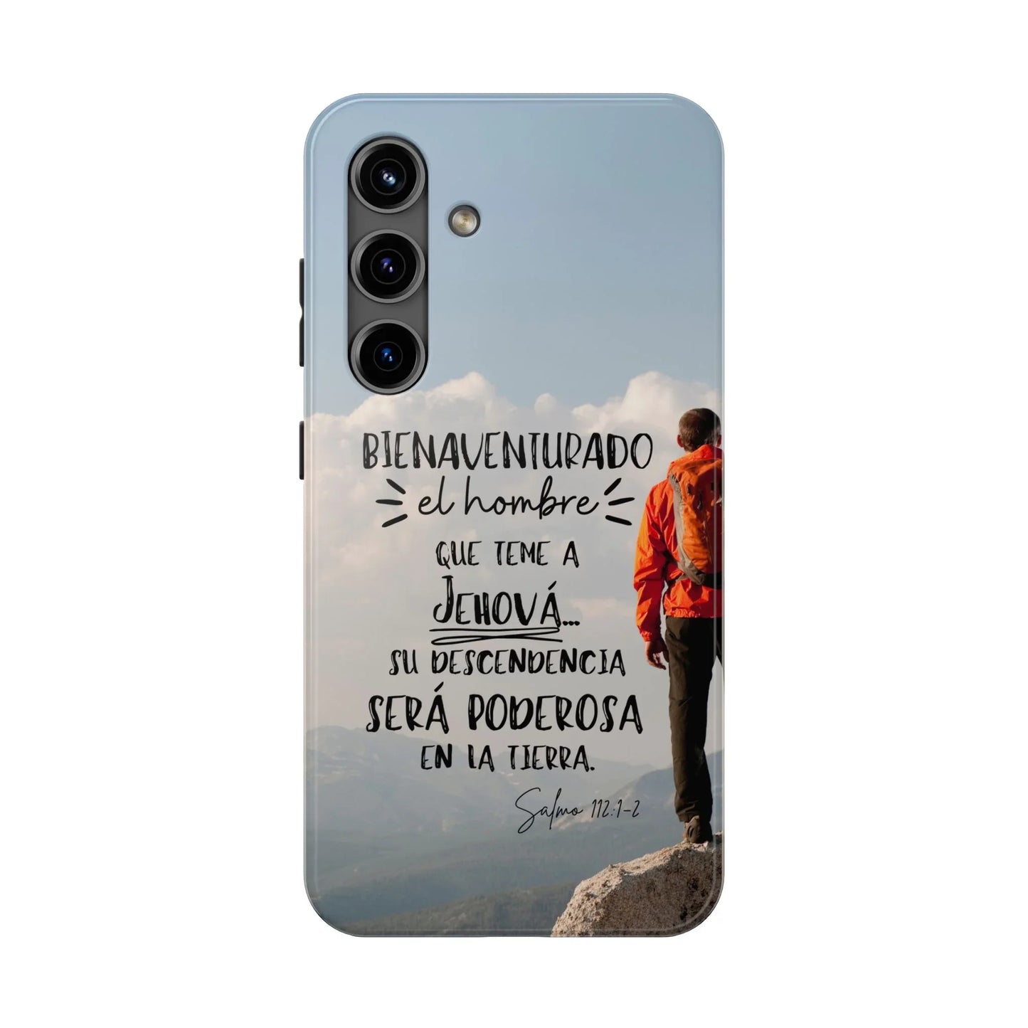 Christian phone case with Spanish Psalm 112 design, man in orange jacket on mountain summit.