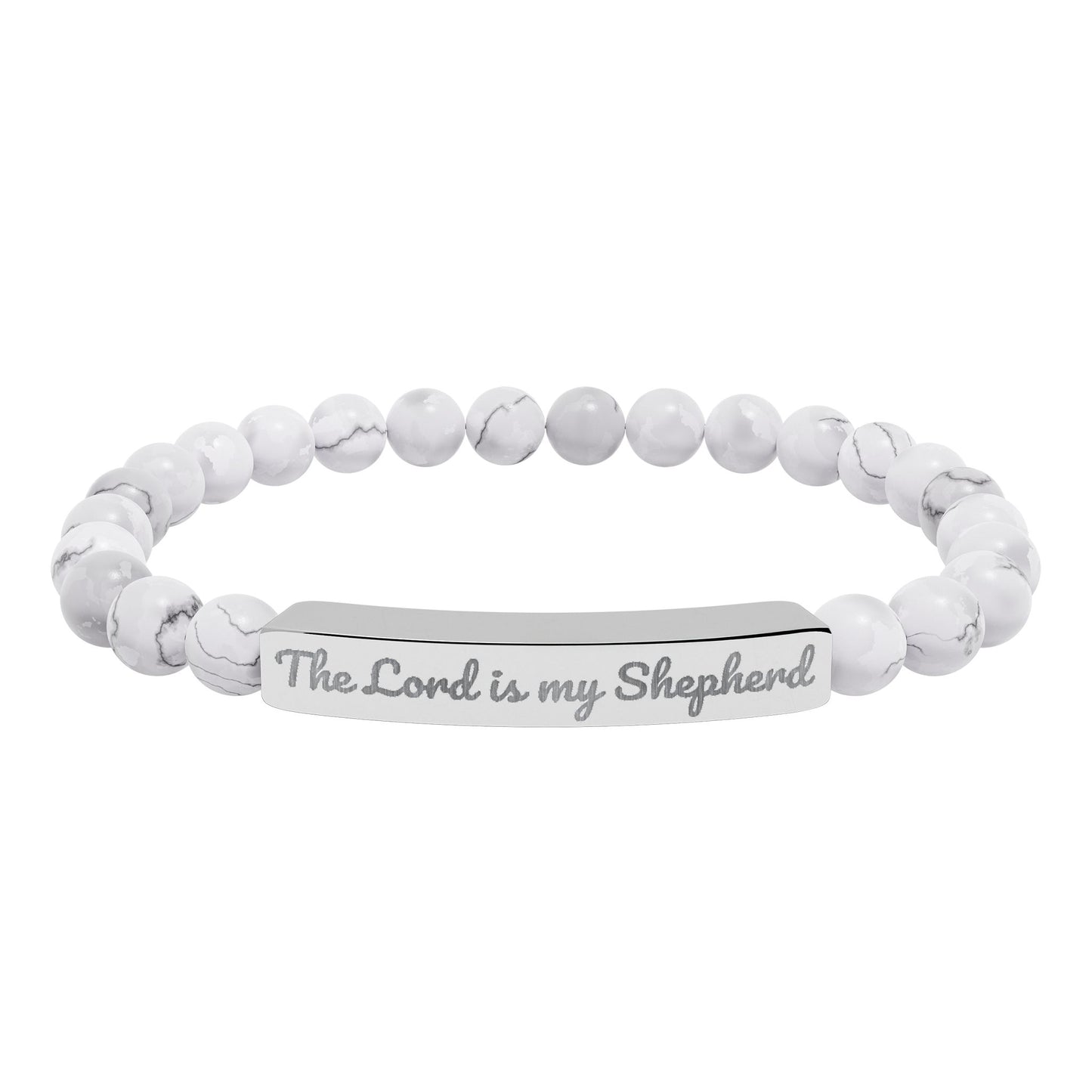 White beaded Christian bracelet with 'The Lord is my Shepherd' engraved on silver bar