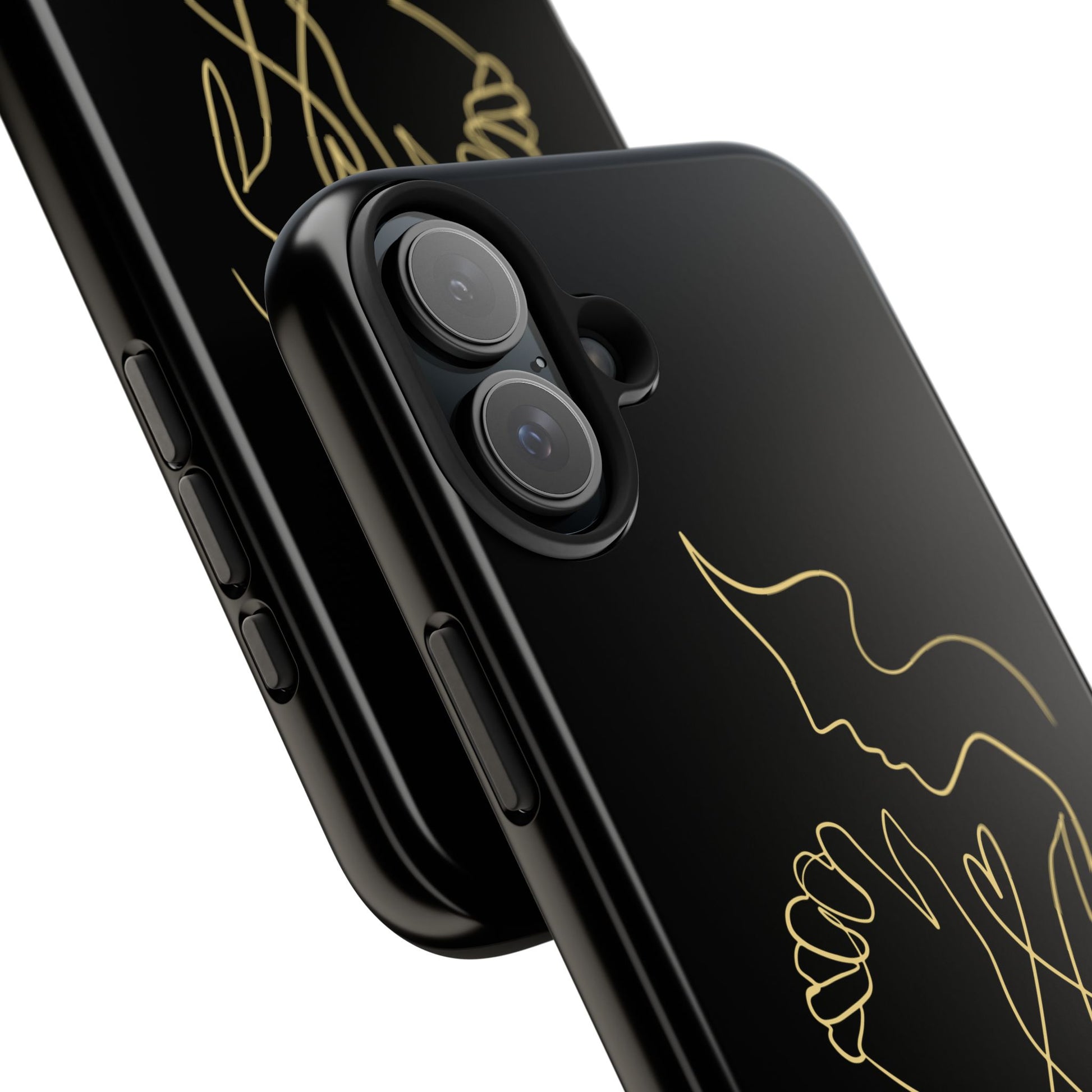 Black phone cases with minimalist gold line art of praying hands and dove design