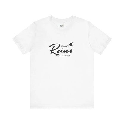 White Christian t-shirt with Spanish text 'Venga Tu Reino Hágase Tu voluntad' and dove design