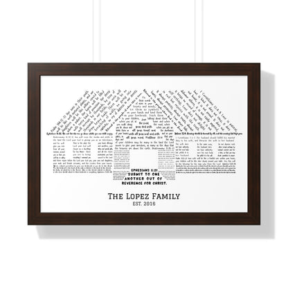 Custom Christian wall art with Bible verses shaped as a house, Lopez Family established 2016.