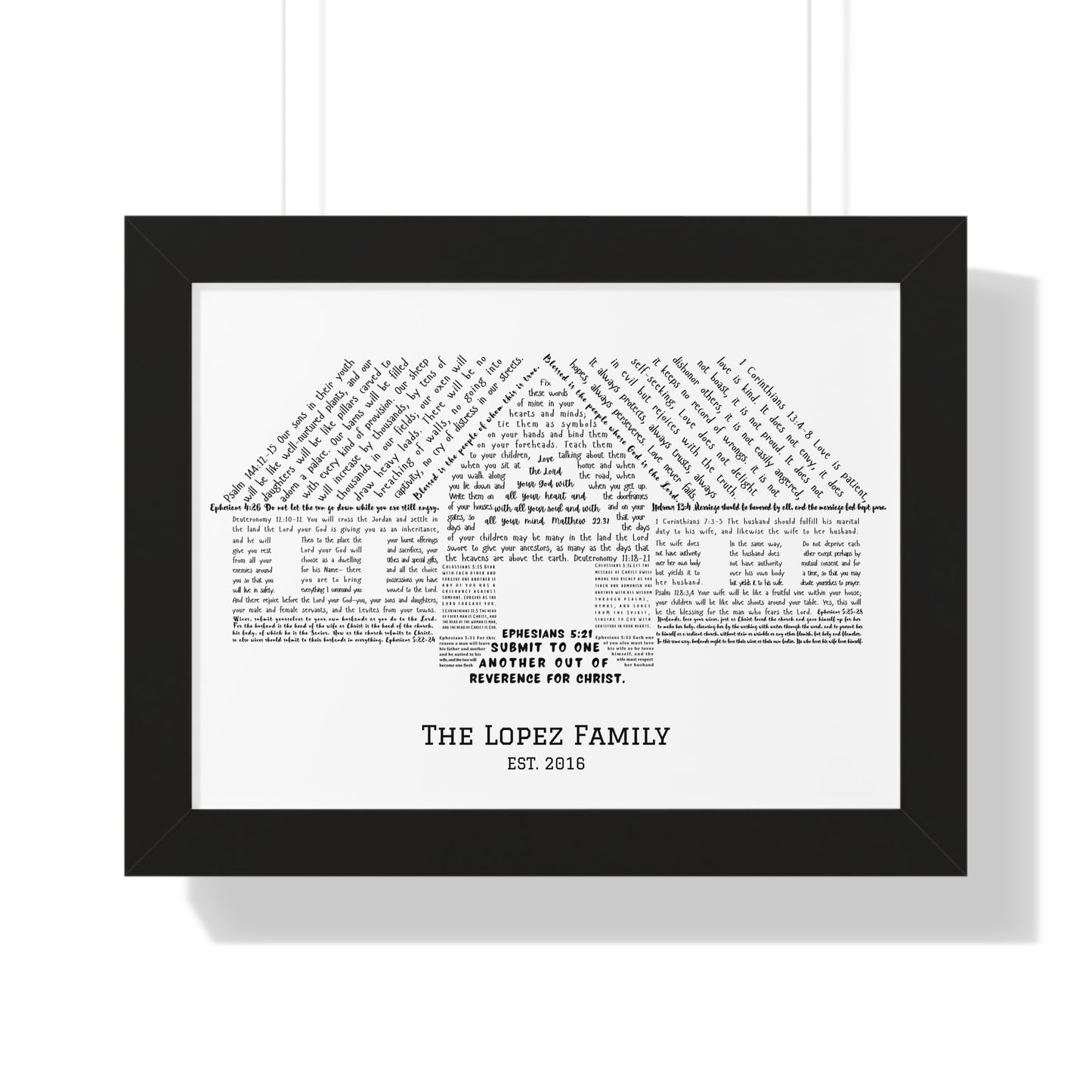 Personalized Christian wall art with family name, Bible verses in house shape, black frame