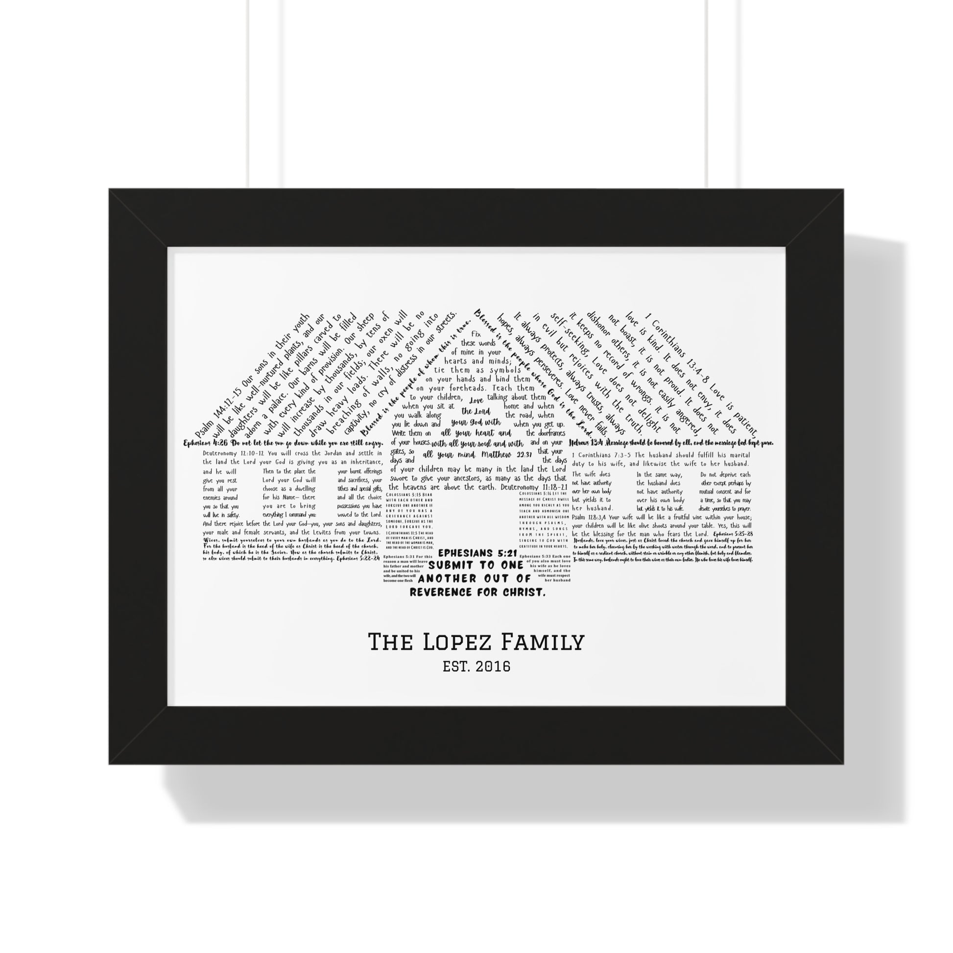 Personalized Christian wall art with family name, Bible verses in house shape, black frame
