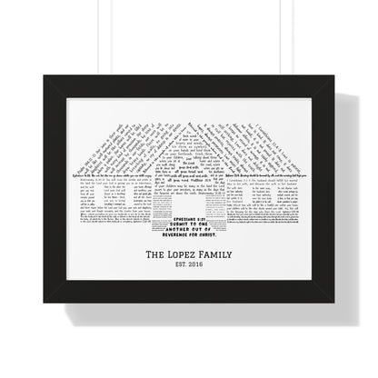Personalized Christian wall art with family name, Bible verses in house shape, black frame