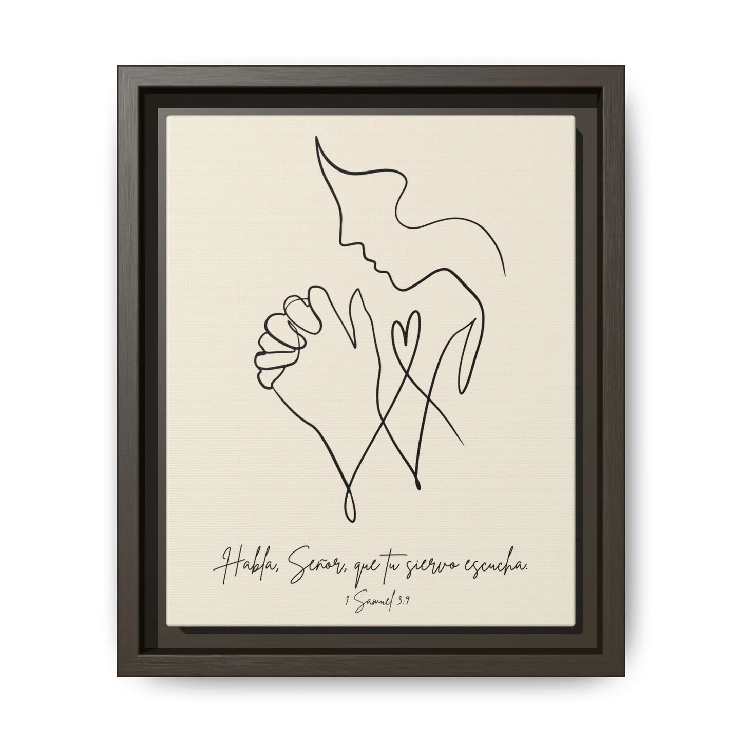 Minimalist Christian wall art with abstract praying figure, Spanish scripture and dark frame