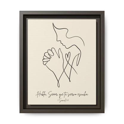 Minimalist Christian wall art with abstract praying figure, Spanish scripture and dark frame
