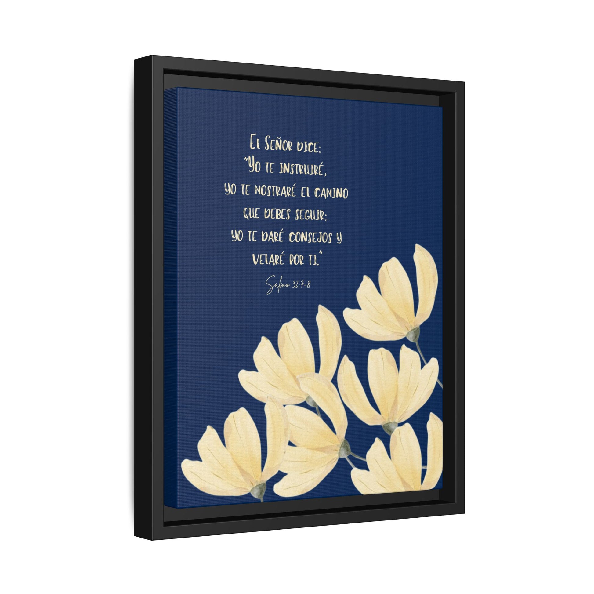 Framed Christian wall art with Spanish Bible verse and yellow flowers on blue background