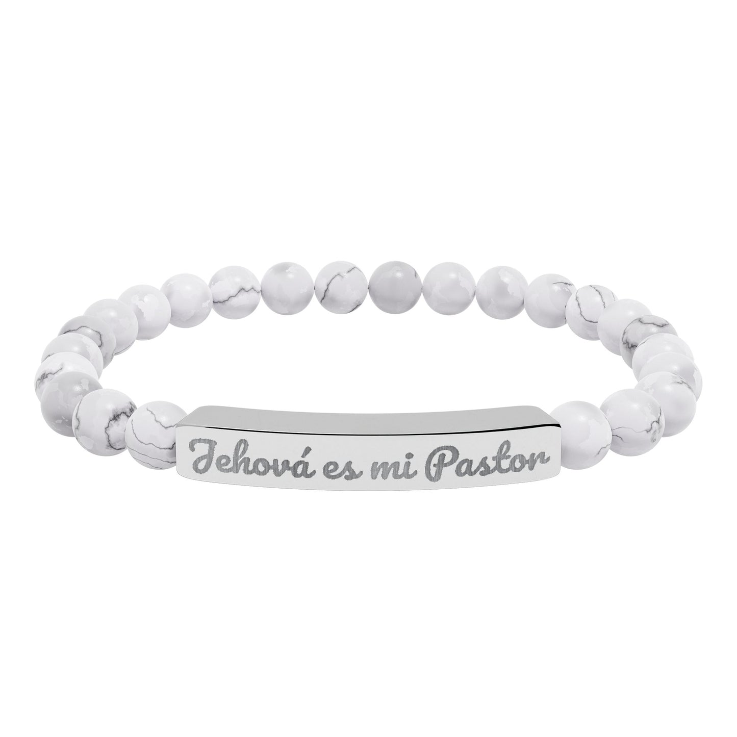 White beaded Christian bracelet with metal bar engraved 'Jehová es mi Pastor'.