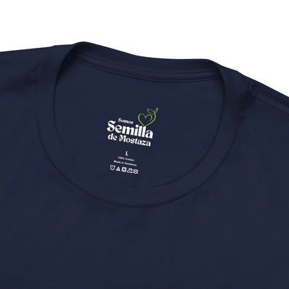 Navy blue Christian t-shirt with 'Somos Semilla de Mostaza' design inside collar