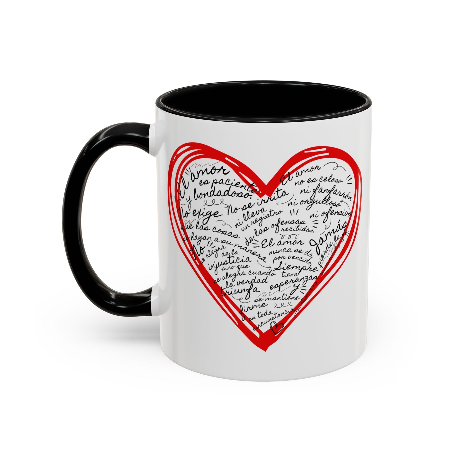 White ceramic mug with black handle, red heart outline, and Spanish Christian handwritten Scripture text on front.