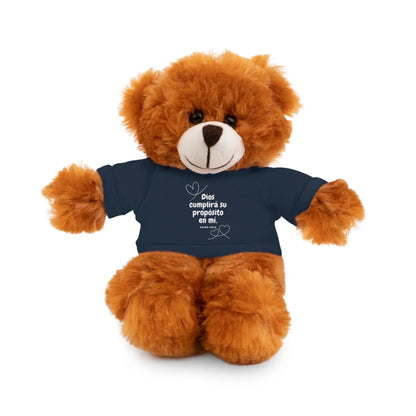 Brown teddy bear wearing navy shirt with Spanish Christian message and heart design