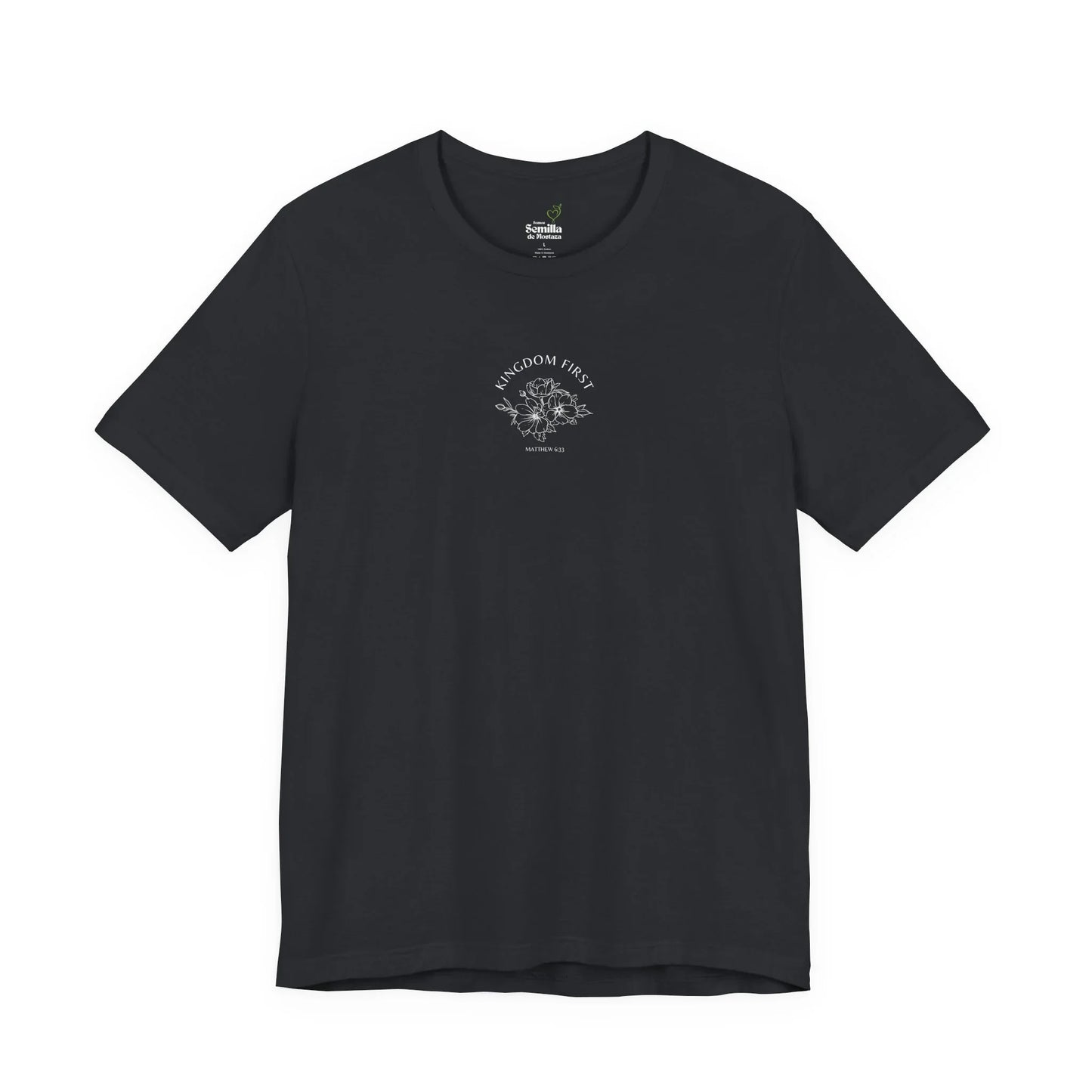 Black Christian t-shirt with 'Kingdom First' and floral graphic, faith-inspired apparel