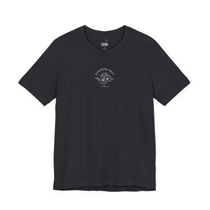 Black Christian t-shirt with 'Kingdom First' and floral graphic, faith-inspired apparel