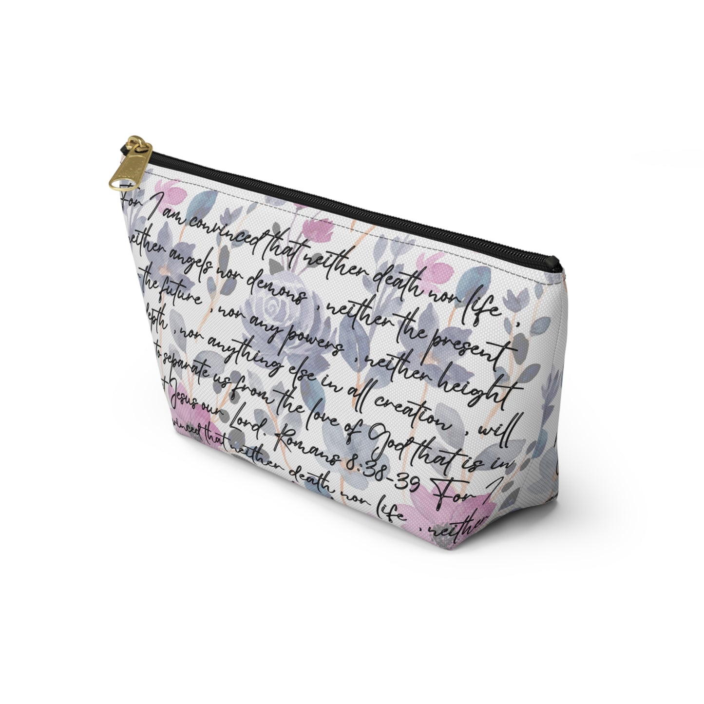 Floral Christian cosmetic pouch with Romans 8:38-39 Scripture in black script text