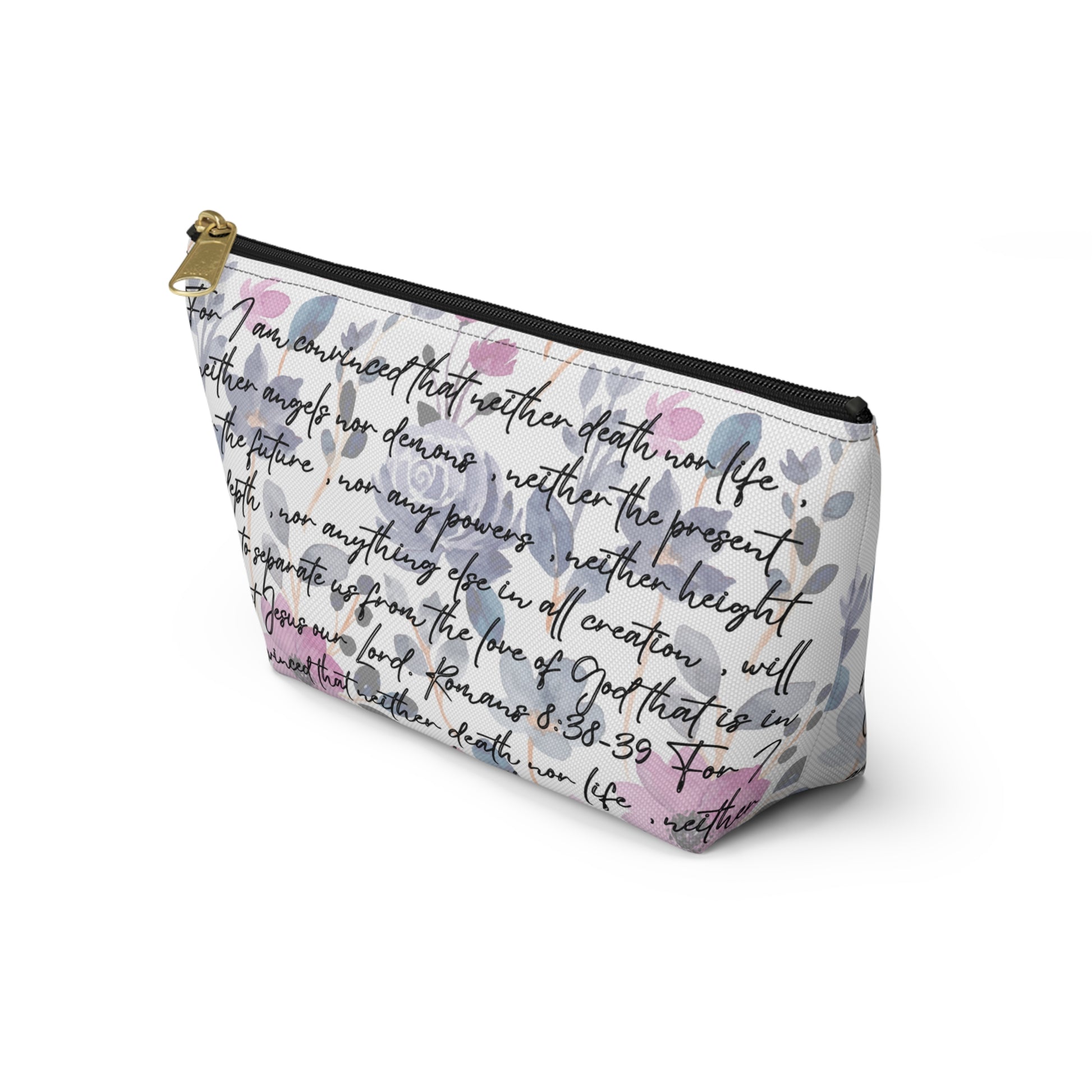 Floral Christian cosmetic pouch with Romans 8:38-39 Scripture in black script text