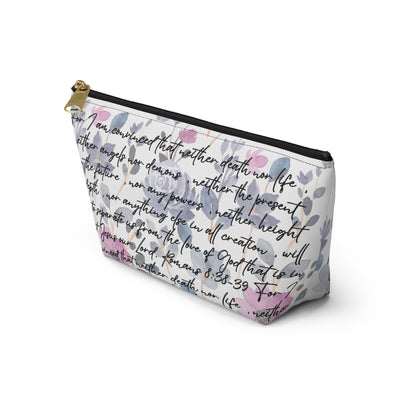 Floral Christian cosmetic pouch with Romans 8:38-39 Scripture in black script text