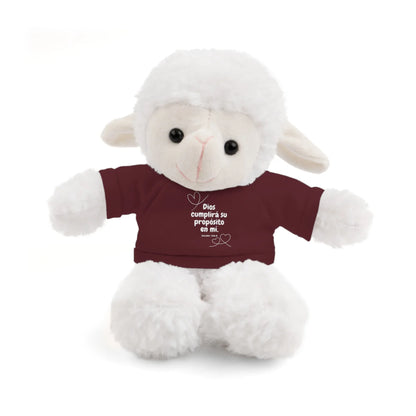 Plush lamb toy with Bible verse in Spanish on maroon shirt, Christian gift