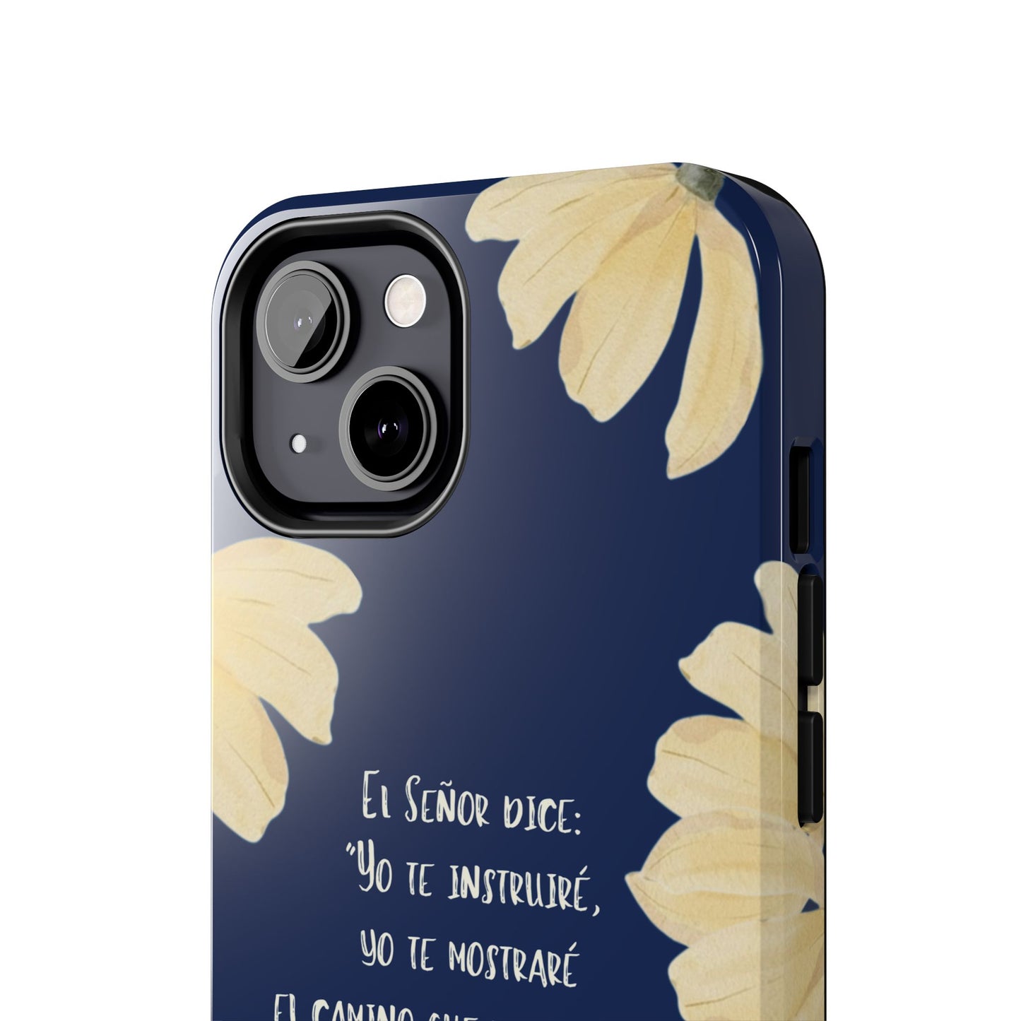 Navy blue phone case with yellow flower design and Spanish Christian quote