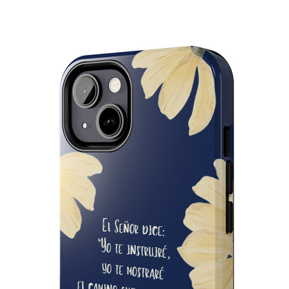 Navy blue phone case with yellow flower design and Spanish Christian quote