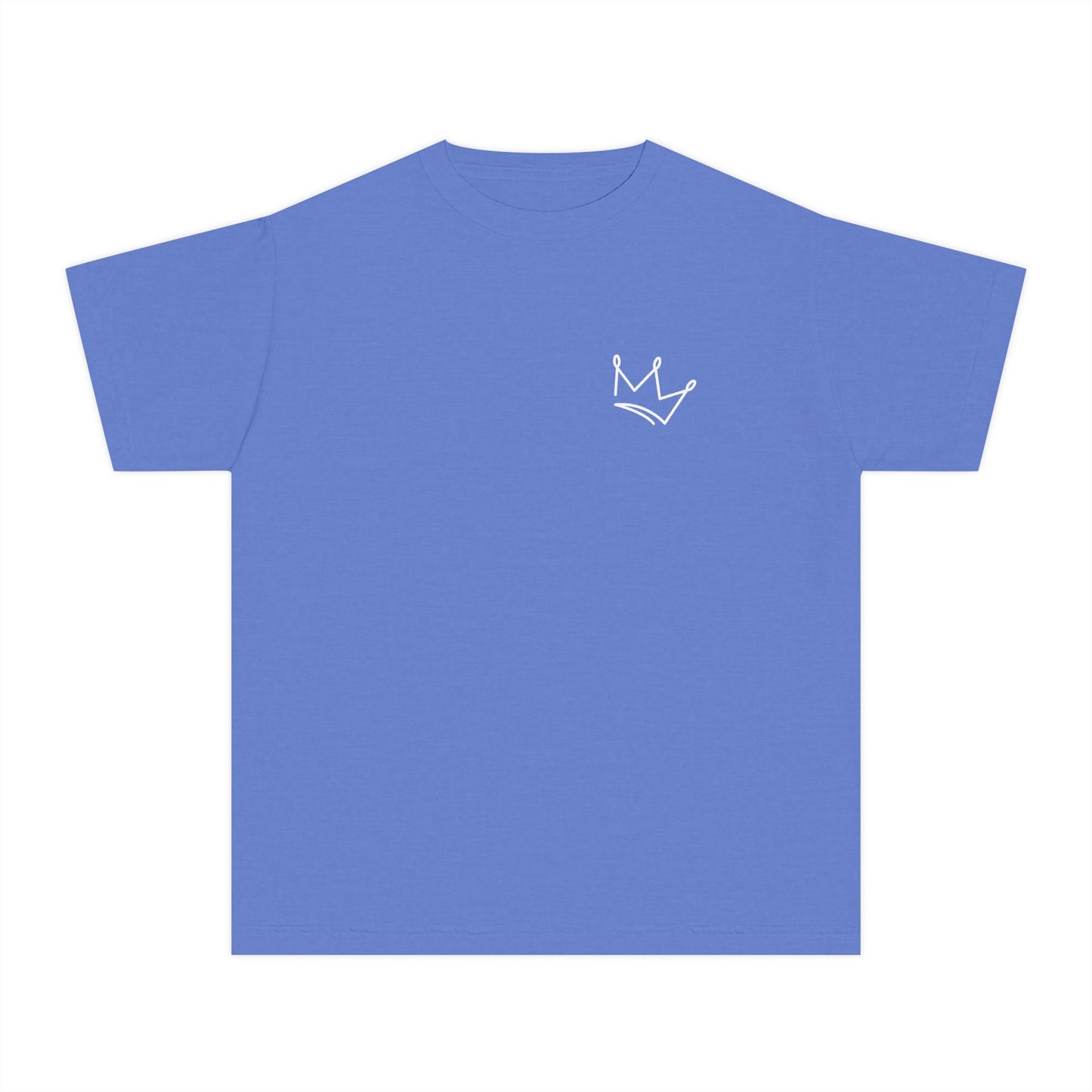 Blue Christian t-shirt with minimalist white crown outline on chest