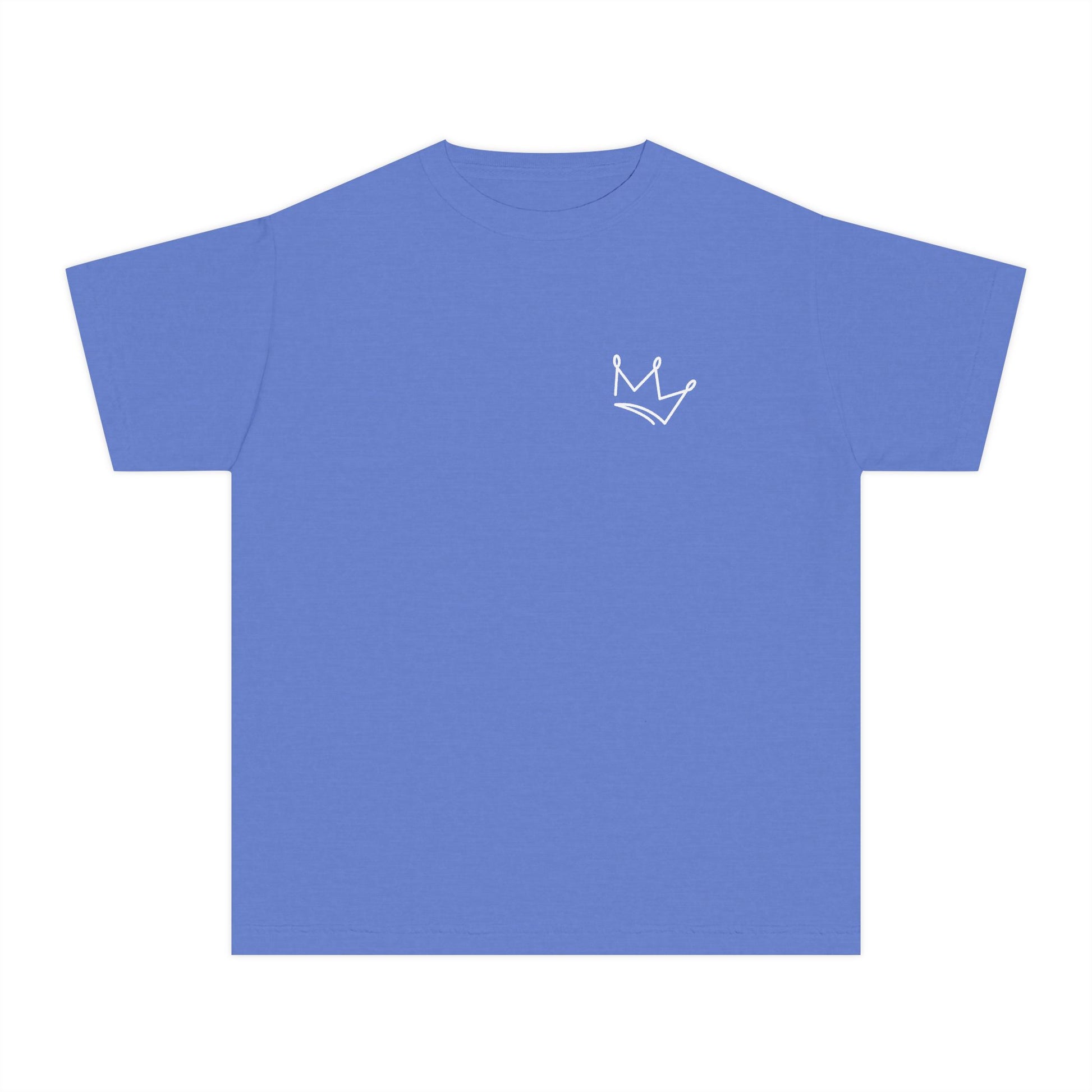 Blue Christian t-shirt with minimalist white crown outline on chest