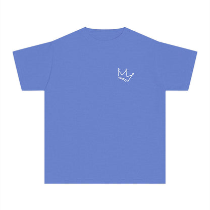 Blue Christian t-shirt with minimalist white crown outline on chest