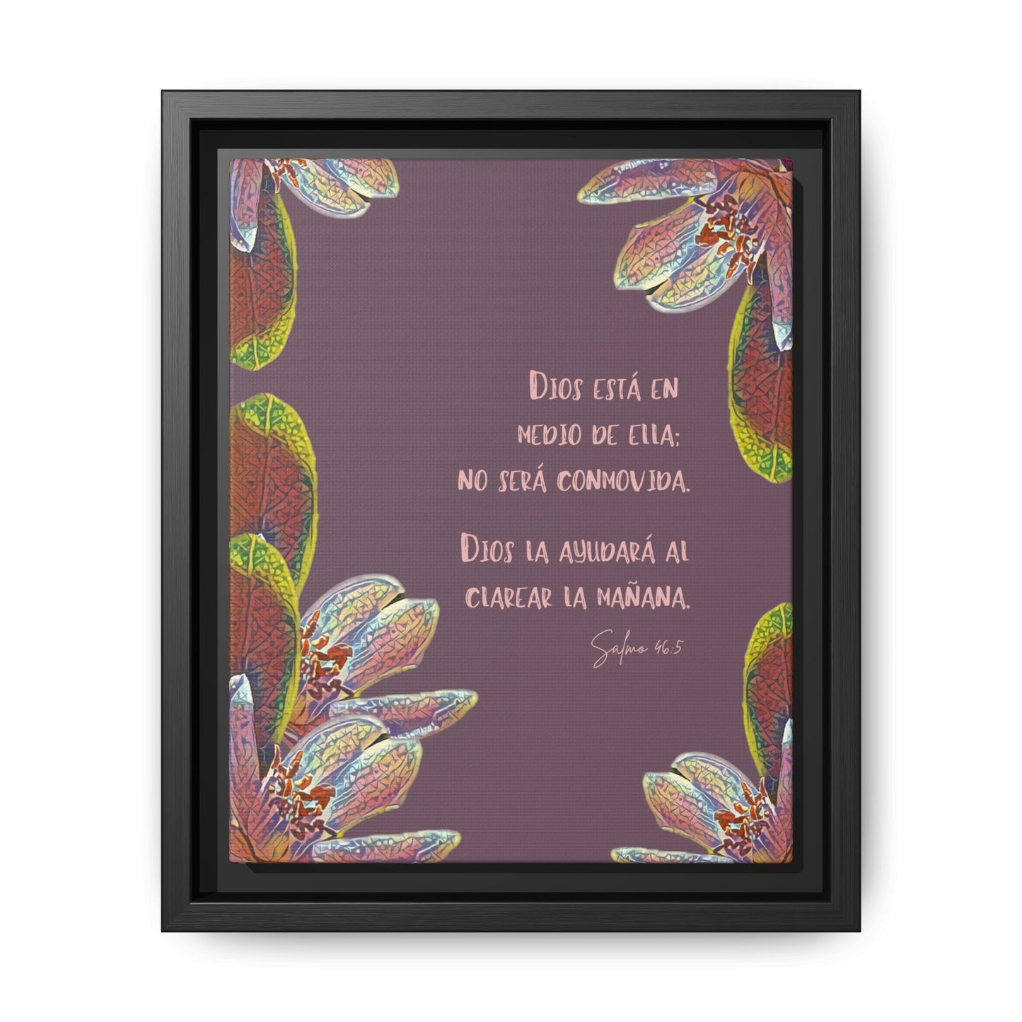 Framed wall art with Spanish Bible verse, floral border, purple background, Christian home decor