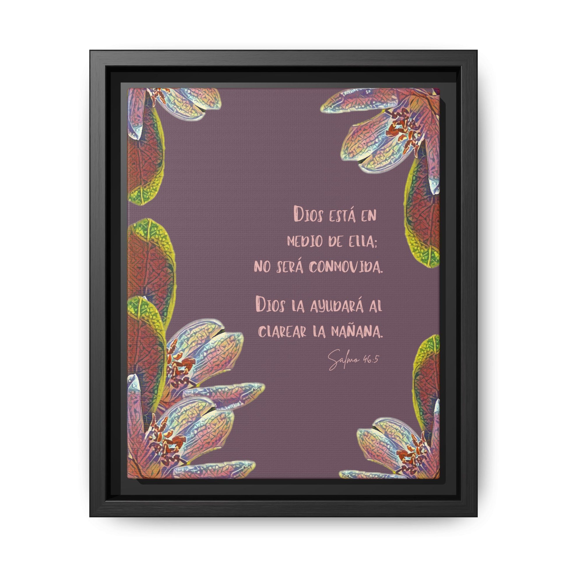 Framed wall art with Spanish Bible verse, floral border, purple background, Christian home decor