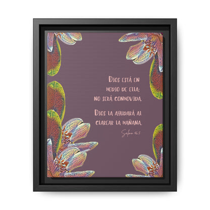 Framed wall art with Spanish Bible verse, floral border, purple background, Christian home decor