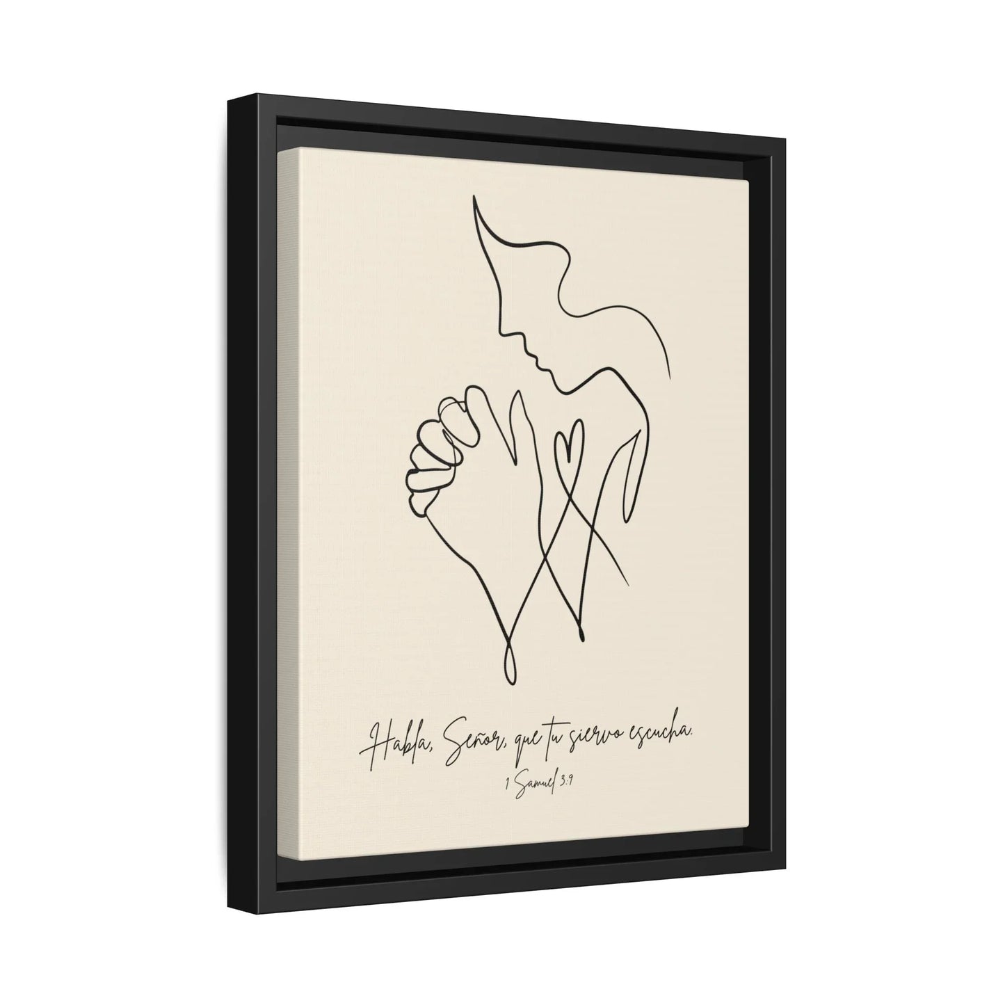 Minimalist Christian wall art with praying figure, Spanish Scripture, black frame