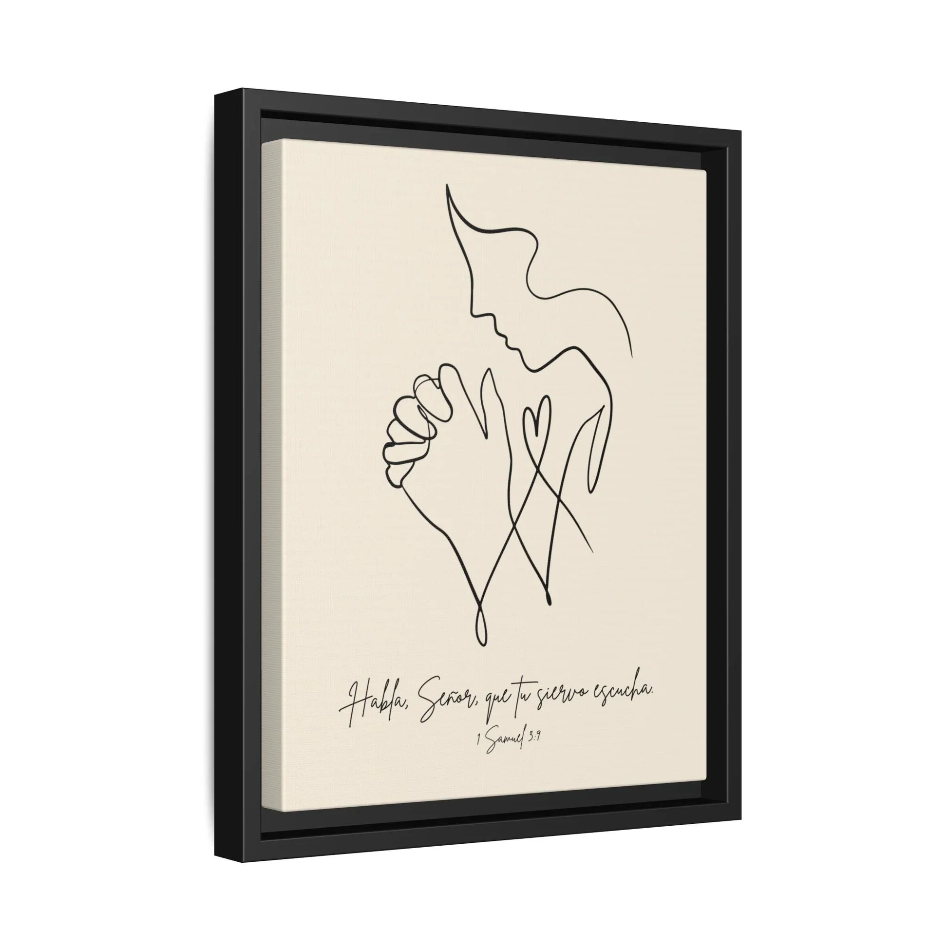 Minimalist Christian wall art with praying figure, Spanish Scripture, black frame